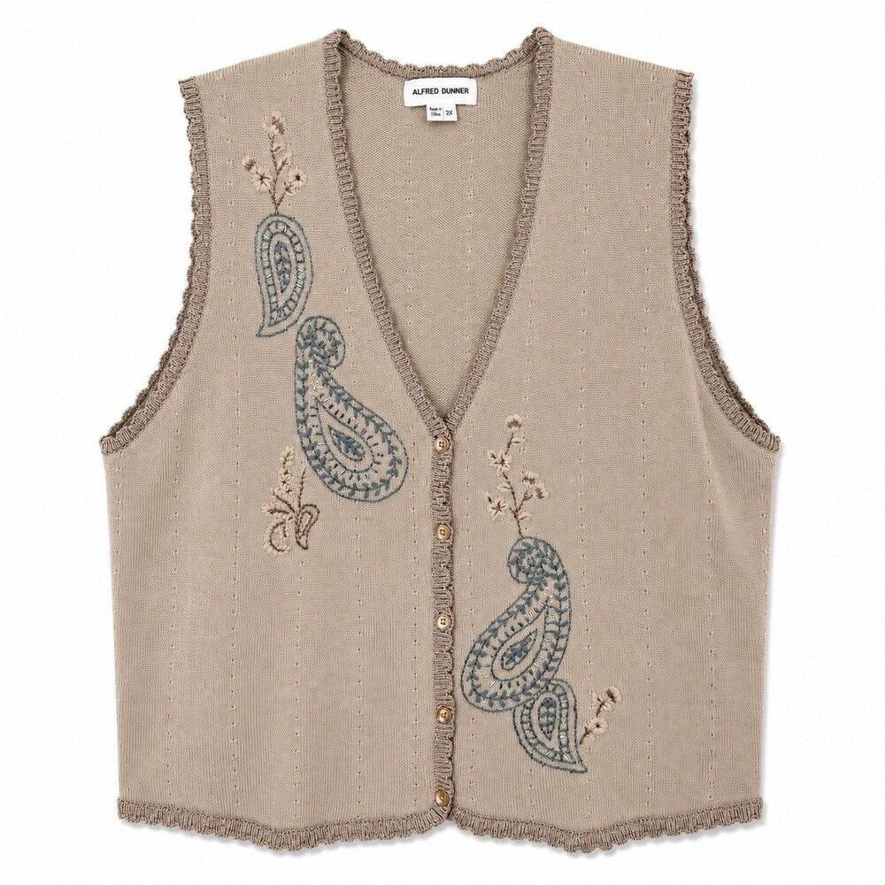 Alfred Dunner Grandmacore Sweater Vest Women’s XL Beige Embroidered Floral Knit